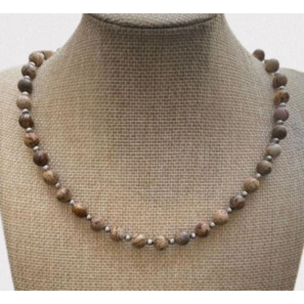 Vintage 925 Sterling Silver Leopard Jasper Gemstone Bead Ball Necklace